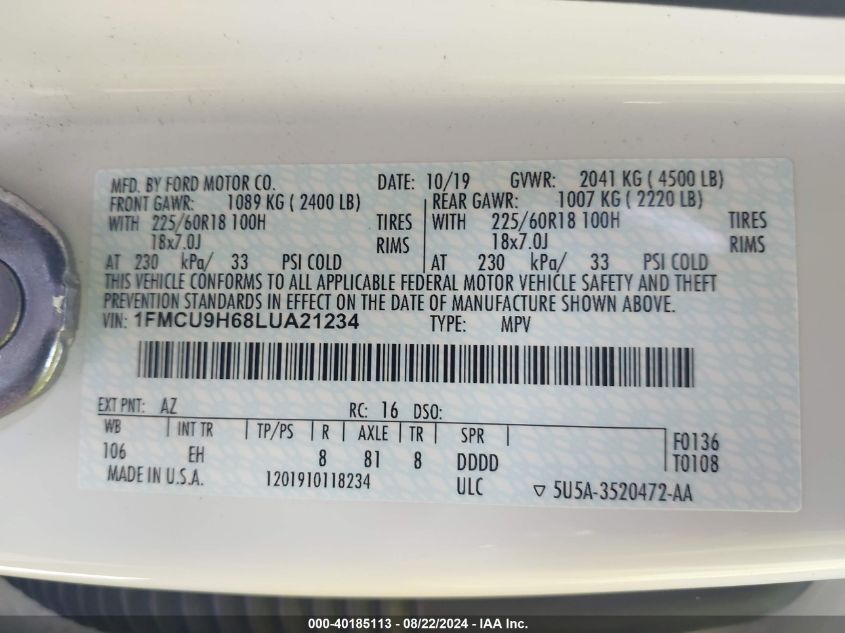 2020 FORD ESCAPE SEL - 1FMCU9H68LUA21234