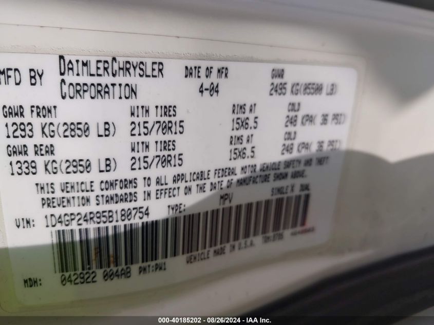 2005 Dodge Grand Caravan Se VIN: 1D4GP24R95B180754 Lot: 40185202