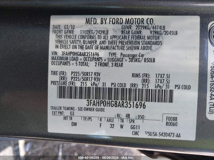 2010 Ford Fusion Se VIN: 3FAHP0HG8AR351696 Lot: 40185208