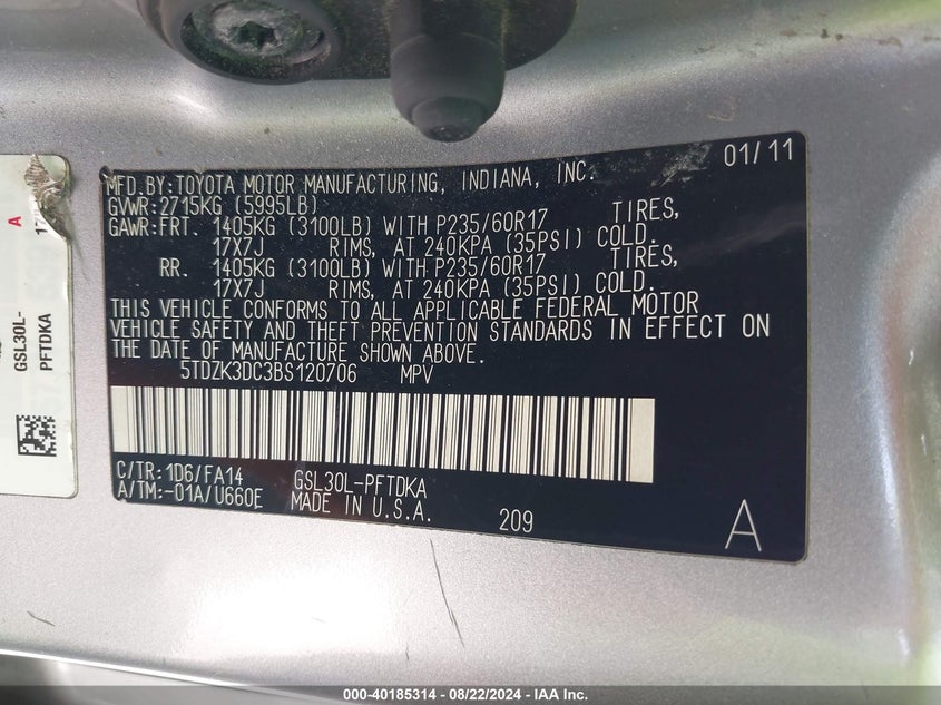 2011 Toyota Sienna Base V6 VIN: 5TDZK3DC3BS120706 Lot: 40185314