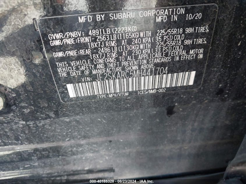 2021 Subaru Forester Sport VIN: JF2SKARC5MH441704 Lot: 40185328