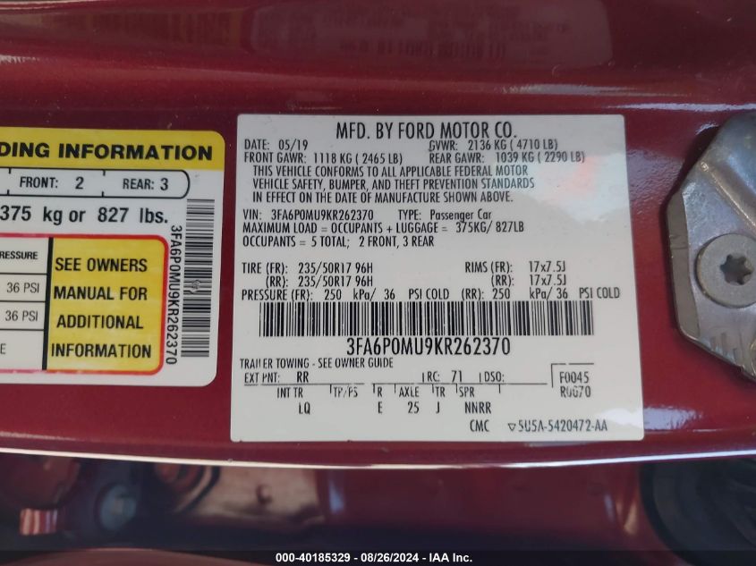 2019 Ford Fusion Hybrid Sel VIN: 3FA6P0MU9KR262370 Lot: 40185329