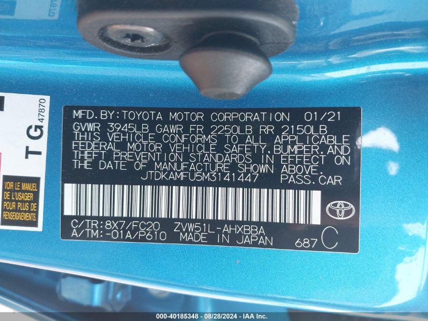 2021 Toyota Prius L Eco VIN: JTDKAMFU5M3141447 Lot: 40185348