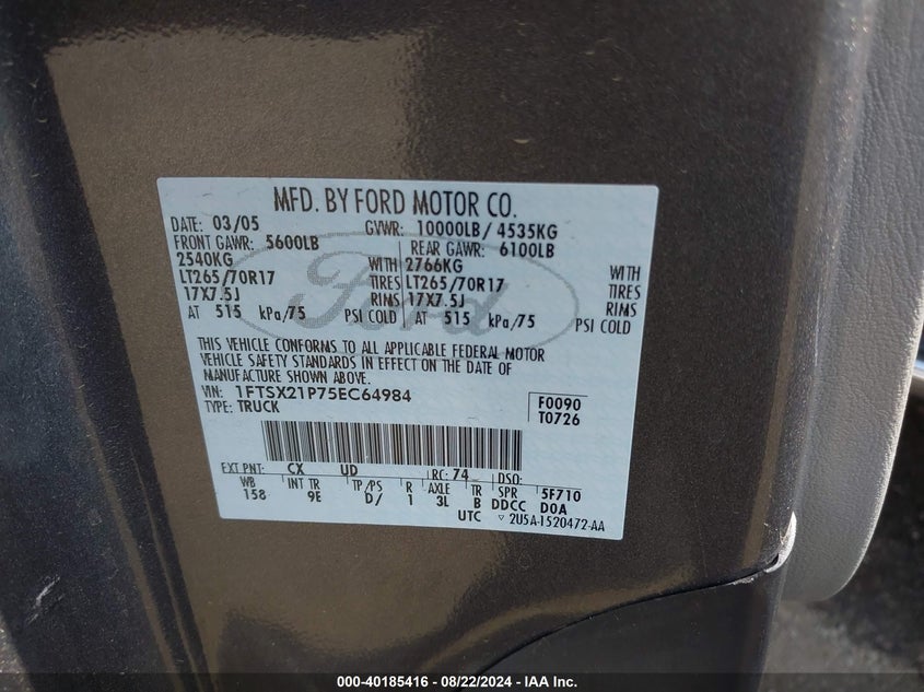 2005 Ford F-250 Lariat/Xl/Xlt VIN: 1FTSX21P75EC64984 Lot: 40185416