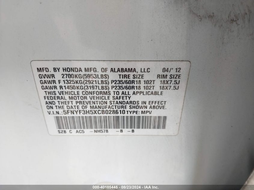 2012 Honda Pilot Ex-L VIN: 5FNYF3H5XCB028610 Lot: 40185445