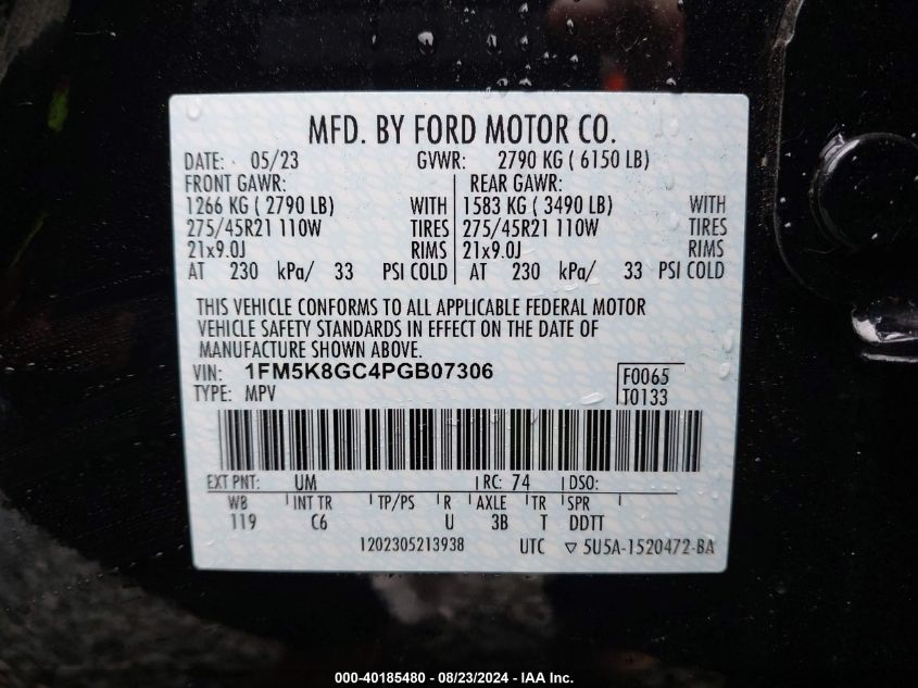 2023 Ford Explorer St VIN: 1FM5K8GC4PGB07306 Lot: 40185480