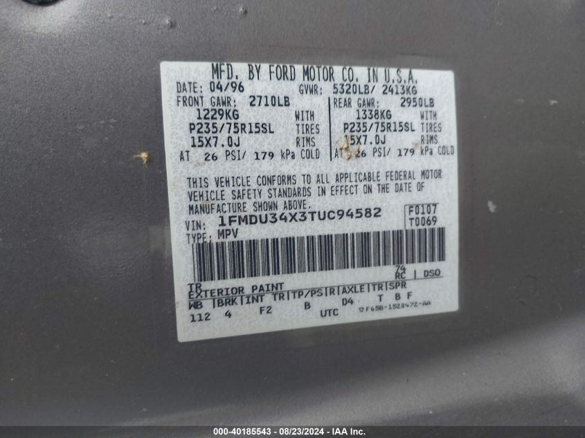 1996 Ford Explorer VIN: 1FMDU34X3TUC94582 Lot: 40185543