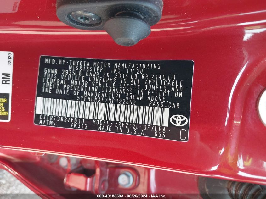 2021 TOYOTA COROLLA LE - 5YFHPMAE7MP192853