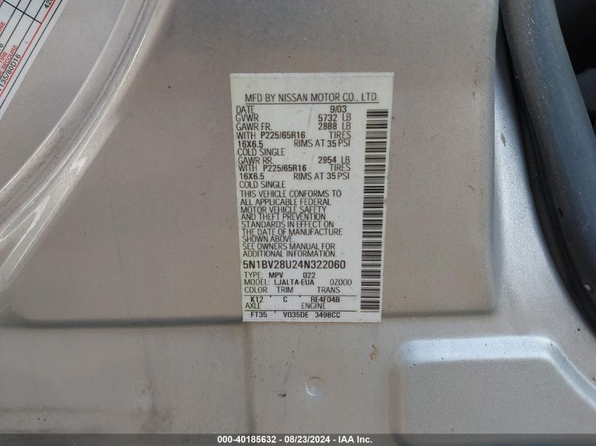2004 Nissan Quest 3.5 Sl VIN: 5N1BV28U24N322060 Lot: 40185632