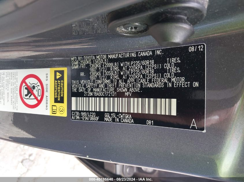 2013 Lexus Rx 350 VIN: 2T2BK1BA9DC172131 Lot: 40185640