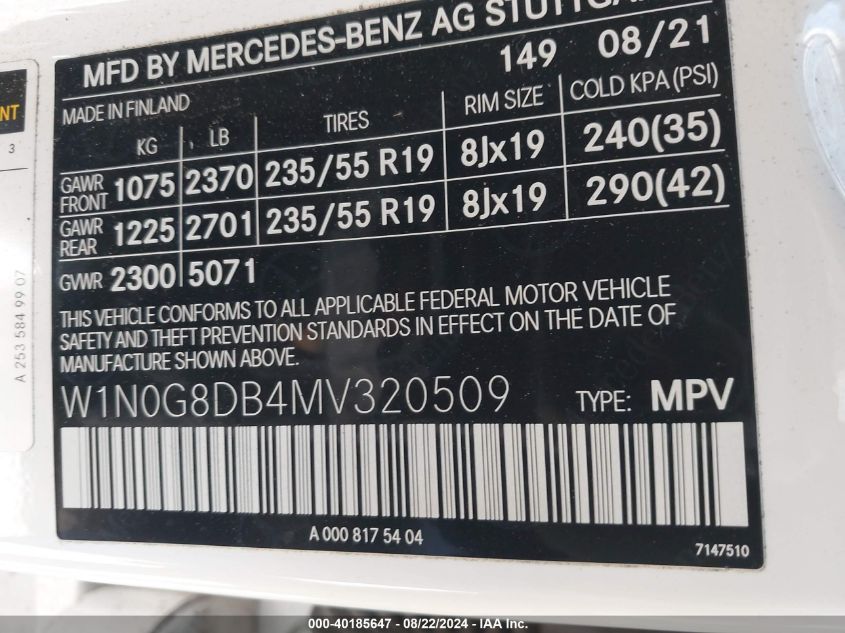 2021 Mercedes-Benz Glc 300 Suv VIN: W1N0G8DB4MV320509 Lot: 40185647