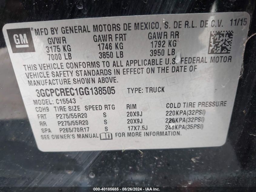 3GCPCREC1GG138505 2016 Chevrolet Silverado 1500 1Lt