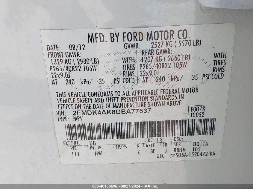 2013 Ford Edge Sport VIN: 2FMDK4AK8DBA77637 Lot: 40185696