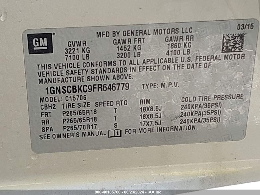 2015 Chevrolet Tahoe Lt VIN: 1GNSCBKC9FR646779 Lot: 40185700