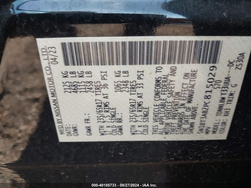 2023 Nissan Rogue S VIN: 5N1BT3AB2PC815029 Lot: 40185733