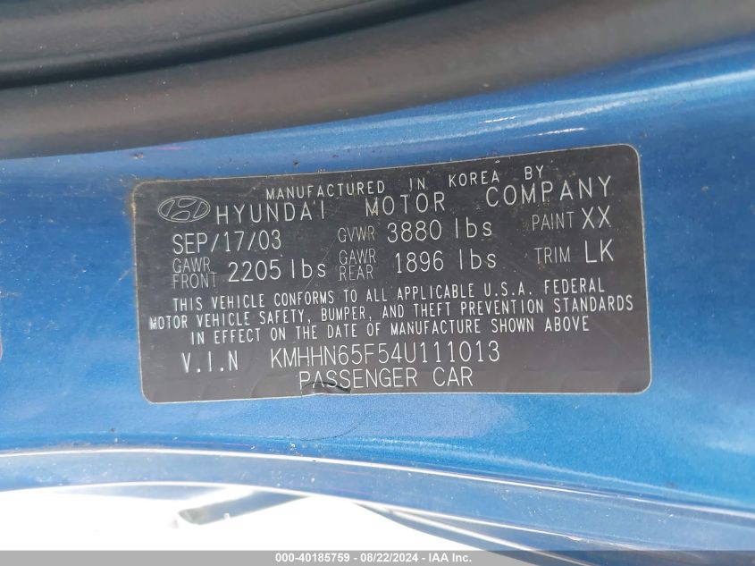 2004 Hyundai Tiburon Gt V6/Gt V6 Special Edition VIN: KMHHN65F54U111013 Lot: 40185759