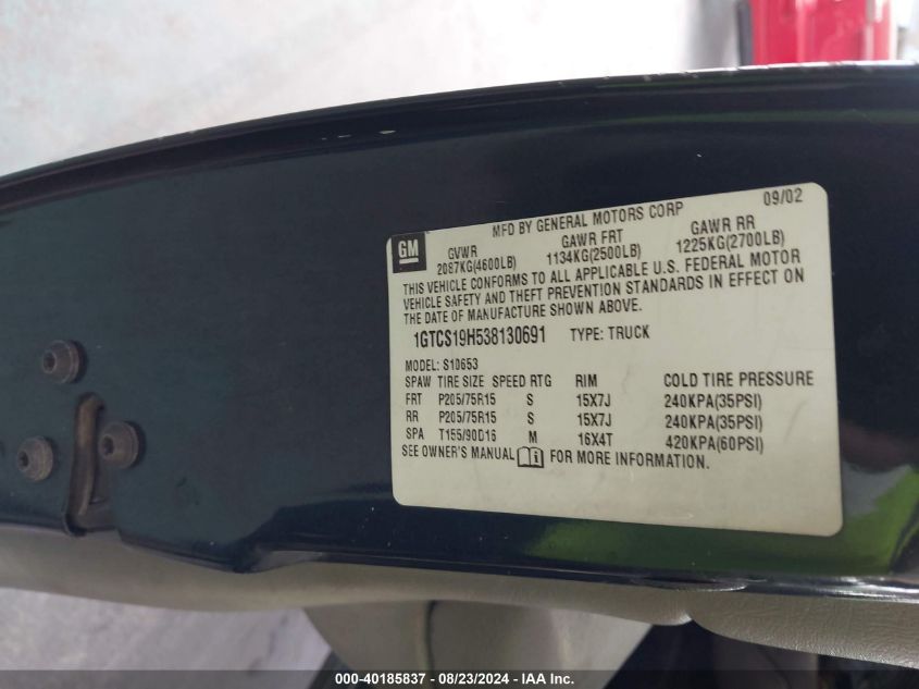 2003 GMC Sonoma Sl VIN: 1GTCS19H538130691 Lot: 40185837