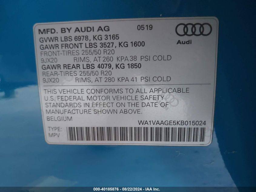 WA1VAAGE5KB015024 2019 Audi E-Tron Premium Plus