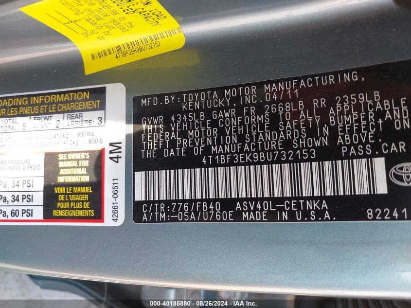 2011 TOYOTA CAMRY VIN: 4T1BF3EK9BU732153