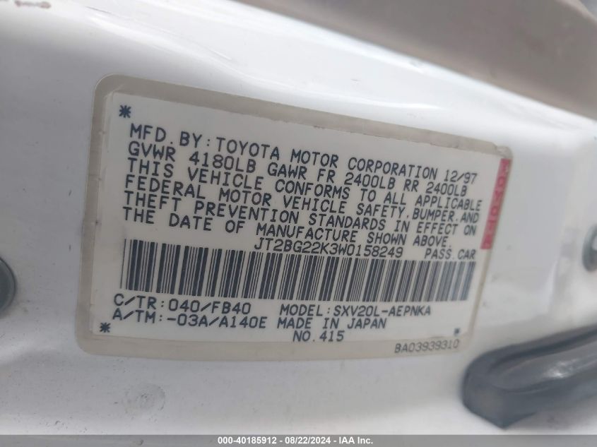 JT2BG22K3W0158249 1998 Toyota Camry Le