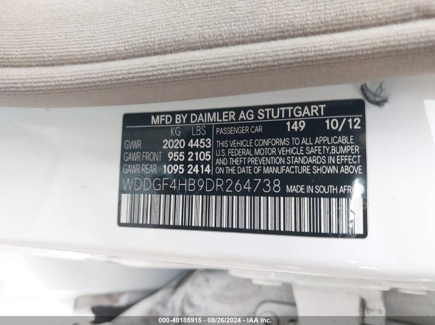 2013 Mercedes-Benz C 250 Luxury/Sport VIN: WDDGF4HB9DR264738 Lot: 40185915