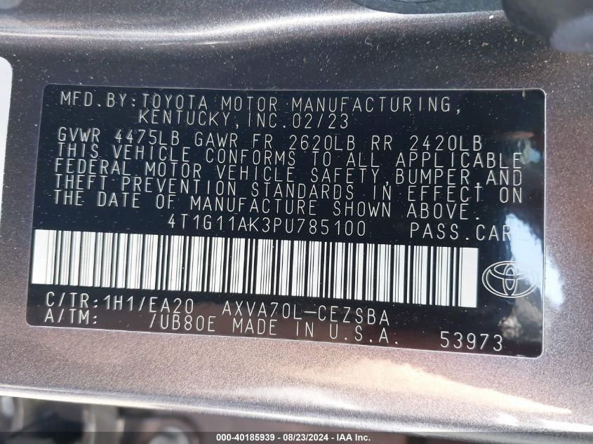 4T1G11AK3PU785100 2023 Toyota Camry Se