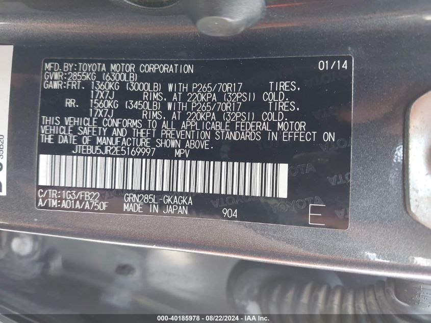 2014 Toyota 4Runner Sr5 VIN: JTEBU5JR2E5169997 Lot: 40185978