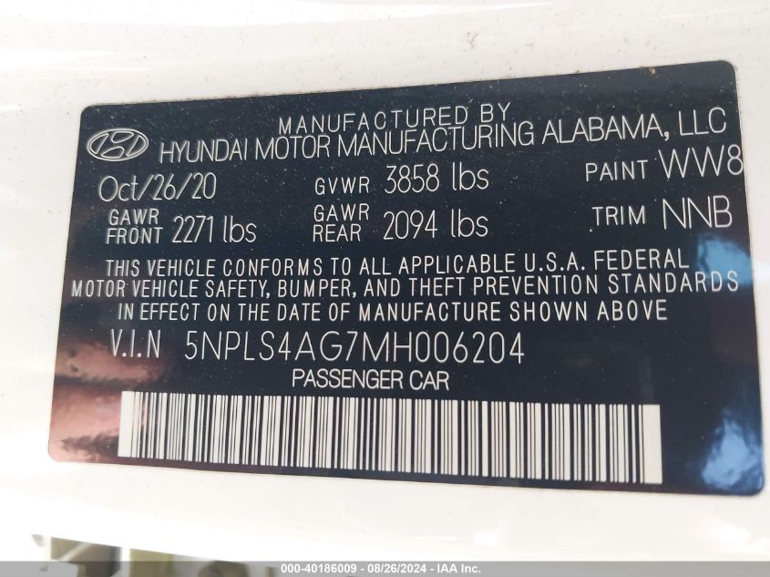 2021 Hyundai Elantra Sel VIN: 5NPLS4AG7MH006204 Lot: 40186009