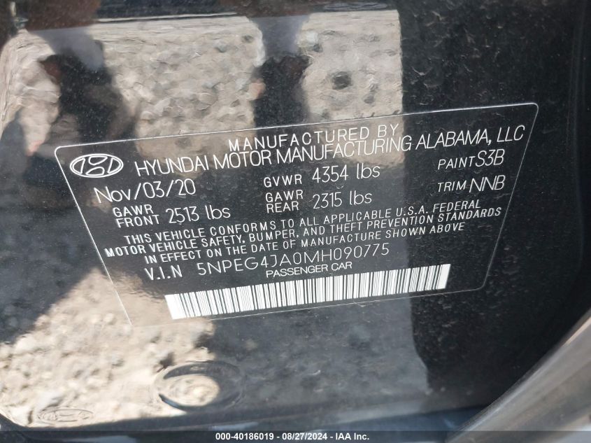 2021 Hyundai Sonata Se VIN: 5NPEG4JA0MH090775 Lot: 40186019