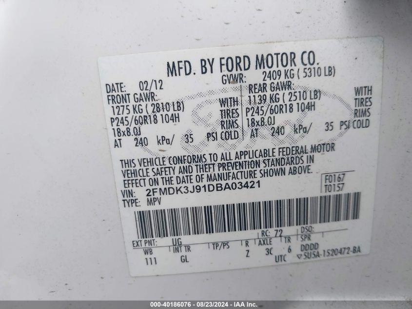 2013 Ford Edge Sel VIN: 2FMDK3J91DBA03421 Lot: 40186076