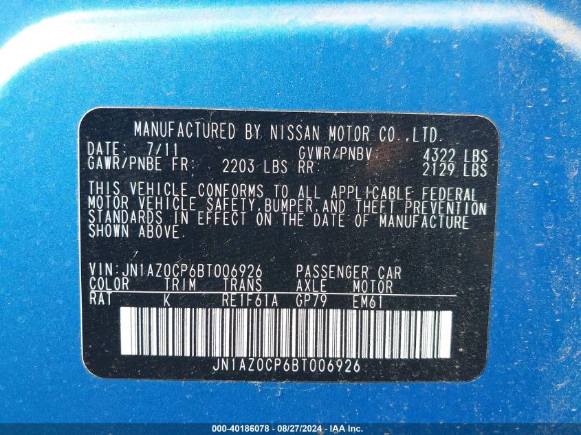 2011 Nissan Leaf Sl VIN: JN1AZ0CP6BT006926 Lot: 40186078