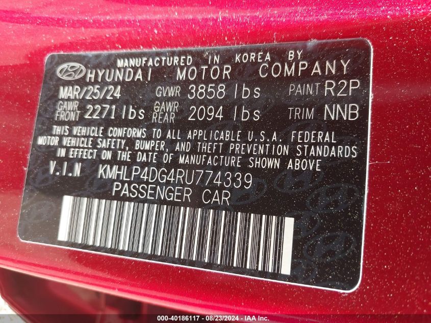 2024 Hyundai Elantra Limited VIN: KMHLP4DG4RU774339 Lot: 40186117