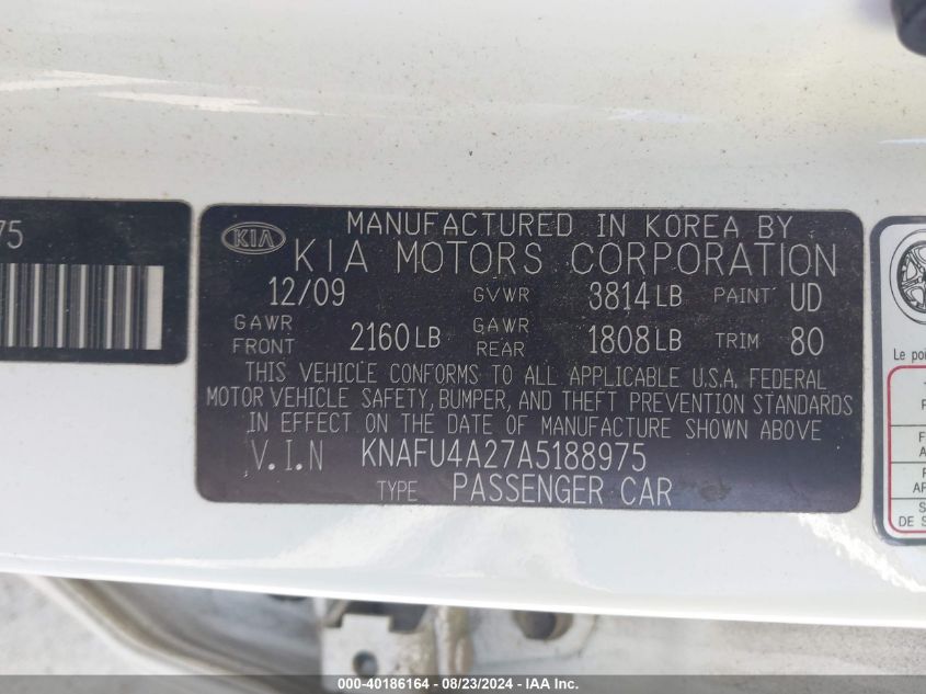 2010 Kia Forte Ex VIN: KNAFU4A27A5188975 Lot: 40186164