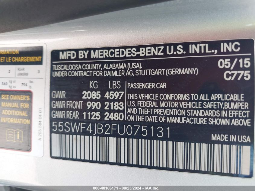 2015 Mercedes-Benz C 300 Luxury/Sport VIN: 55SWF4JB2FU075131 Lot: 40186171