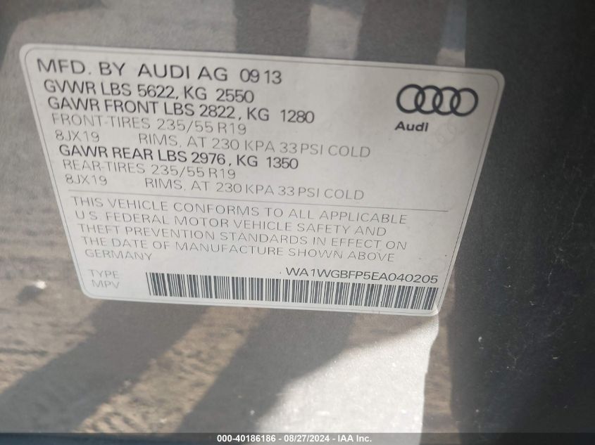 2014 Audi Q5 3.0T Premium Plus VIN: WA1WGBFP5EA040205 Lot: 40186186