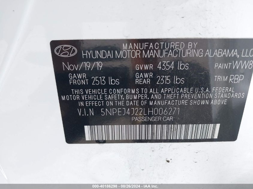 2020 Hyundai Sonata Sel Plus VIN: 5NPEJ4J22LH006271 Lot: 40186298