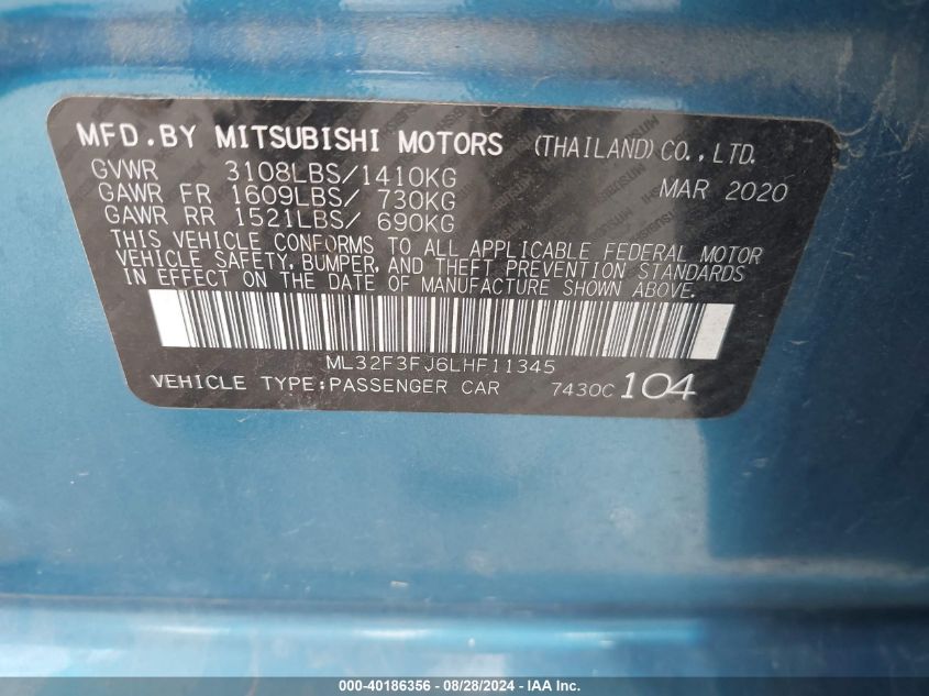 2020 Mitsubishi Mirage G4 Es VIN: ML32F3FJ6LHF11345 Lot: 40186356