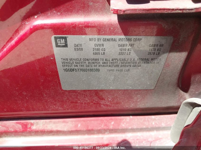 2008 Cadillac Cts Standard VIN: 1G6DF577680188389 Lot: 40186377