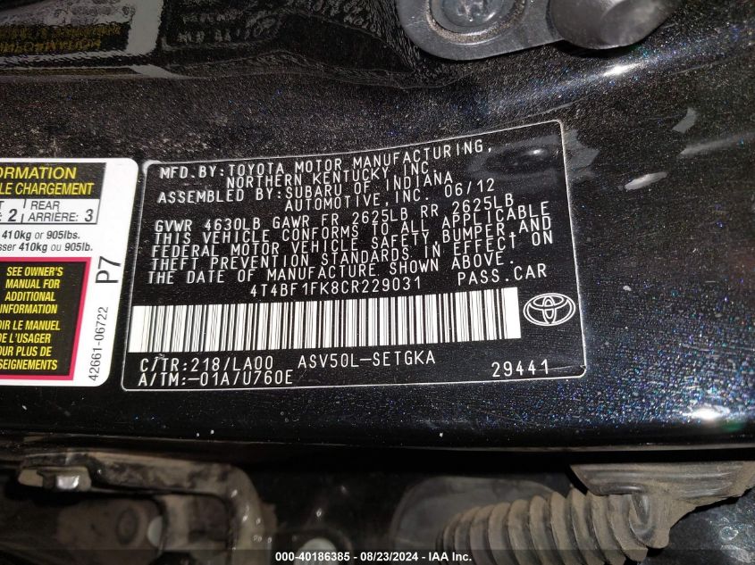 4T4BF1FK8CR229031 2012 Toyota Camry Xle