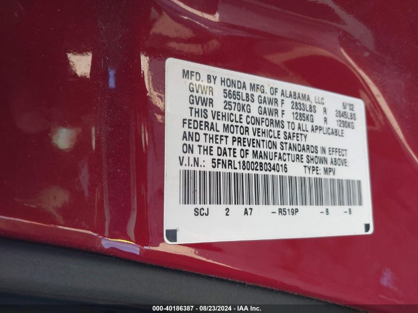 2002 Honda Odyssey Ex-L VIN: 5FNRL18002B034016 Lot: 40186387