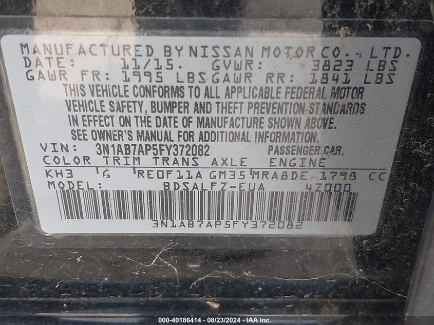 2015 Nissan Sentra Fe+ S VIN: 3N1AB7AP5FY372082 Lot: 40186414