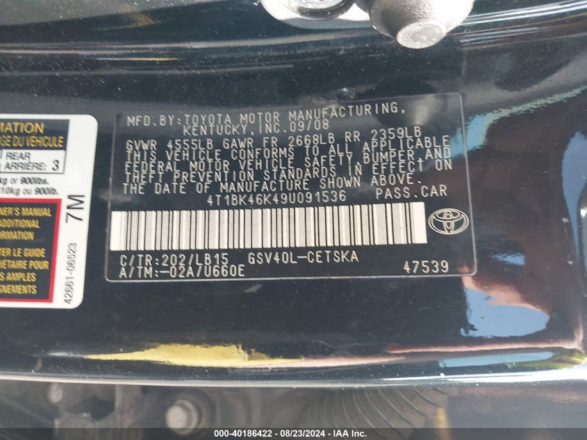 2009 Toyota Camry Se V6 VIN: 4T1BK46K49U091536 Lot: 40186422