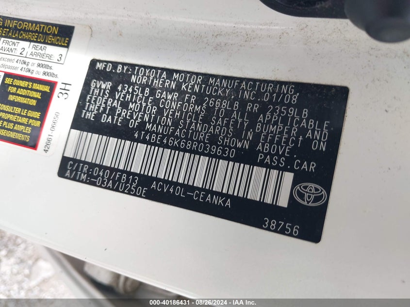 2008 Toyota Camry Le VIN: 4T4BE46K68R039630 Lot: 40186431