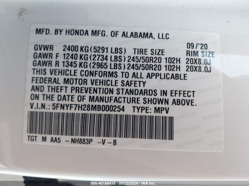 2021 Honda Passport 2Wd Sport VIN: 5FNYF7H28MB000254 Lot: 40186435