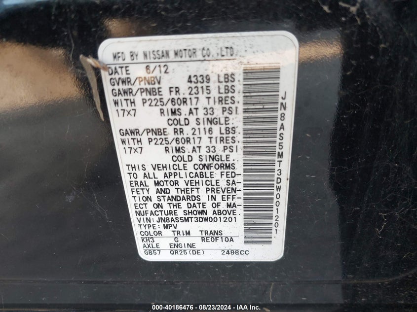 2013 Nissan Rogue Sv VIN: JN8AS5MT3DW001201 Lot: 40186476