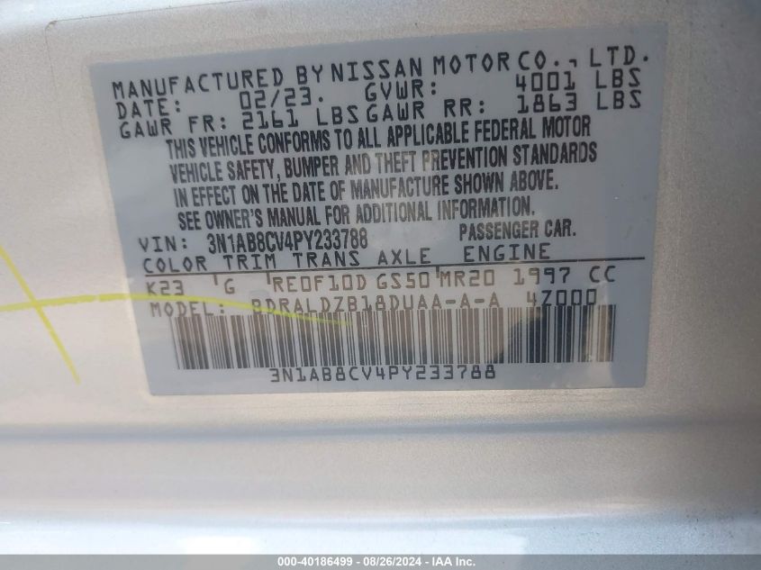 2023 Nissan Sentra Sv Xtronic Cvt VIN: 3N1AB8CV4PY233788 Lot: 40186499