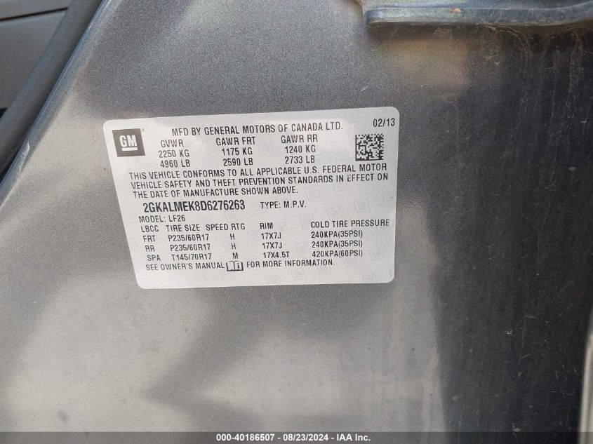 2013 GMC Terrain Sle-1 VIN: 2GKALMEK8D6276263 Lot: 40186507