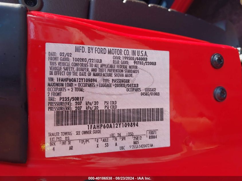 2002 Ford Thunderbird VIN: 1FAHP60A12Y109894 Lot: 40186538