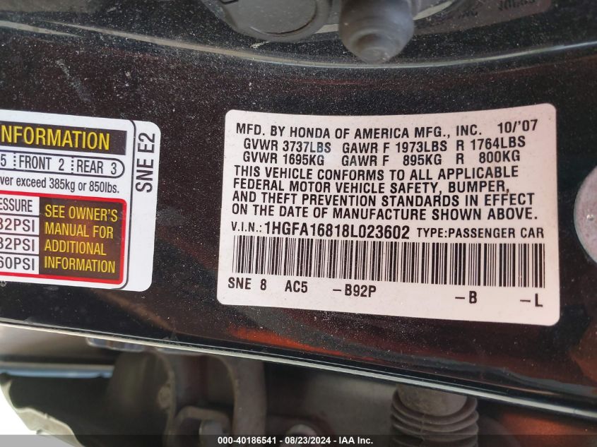 2008 Honda Civic Ex VIN: 1HGFA16818L023602 Lot: 40186541