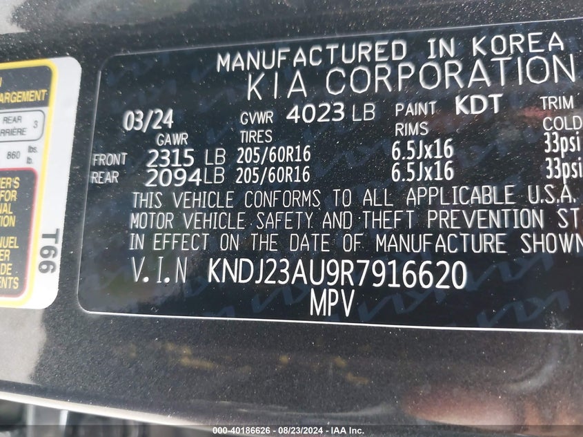 2024 Kia Soul Lx VIN: KNDJ23AU9R7916620 Lot: 40186626